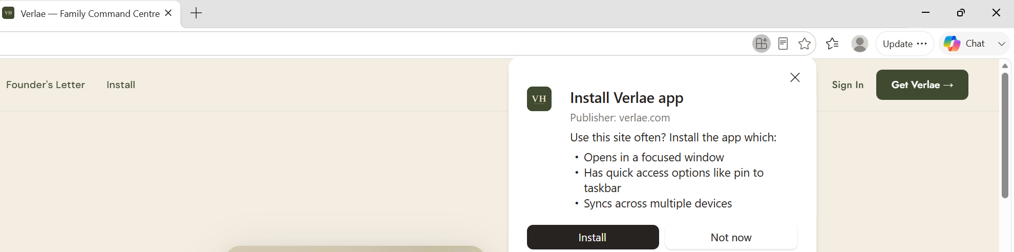 Install Verlae app prompt in browser — shows install dialog with 'Opens in a focused window', 'Has quick access options like pin to taskbar', 'Syncs across multiple devices'